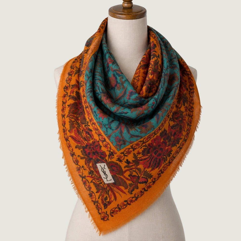 Vintage 70s YSL Yves Saint Laurent Wool Floral Scarf Russian Era Orange Teal